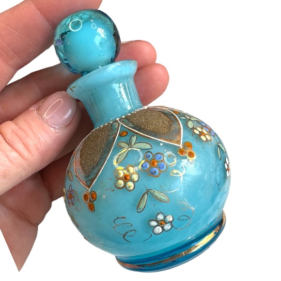 Antique Hand painted Blue Opaline French perfume bottle 4x3” - Picture 1 of 6